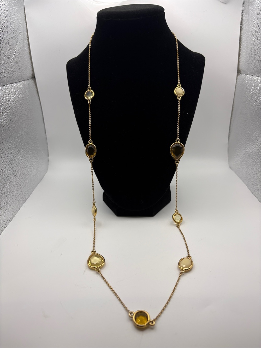 Gold Long Station Necklace with Yellow Gemstones(acrylic beads)